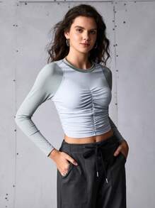 SHEIN Sports Women Street Casual Color Blocking Ruched Sports T-Shirt, Spring/Summer - Blue - View 3