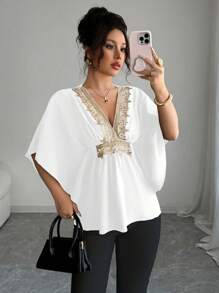 Selianne 女式蕾丝装饰蝙蝠袖衬衫 - 花卉图案随机 - 白色 - 查看 6