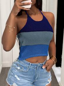 Slaydiva Suéter de punto con cuello halter sin espalda y parches de colores contrastantes para mujer - Azul - View 4
