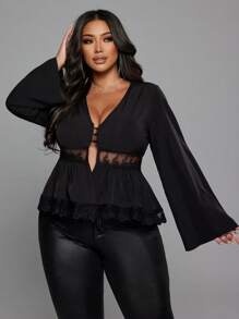 Franclia Plus Size V-Neck Lace Patchwork Ruffle Hem Long Sleeve Blouse