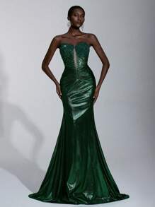 Elitara Robe de soirée formelle sirène pour femmes avec volants, ornée de sequins bleus brodés, élégante et luxueuse - Vert - Voir 6