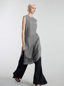 Ontre 2025 女士夏季休闲纯色侧开衩无袖上衣，灰色，休闲都市风，简约时尚，通勤装，优雅简约，教师节礼物，适合夏季、都市度假、海岛度假、海岛音乐节、圣诞节、秋冬新年等场合。 - 黑色 - 查看 1