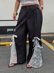 SHEIN MOOSTA Plus Size Women's Black Casual Lace Patchwork Tie-Up Straight Leg Pants Fall Cloth For Women