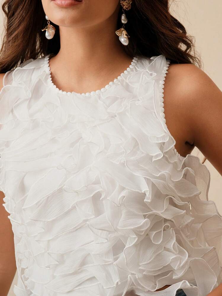 Women's Summer Solid Color Mesh Layered Ruffle Trim Round Neck Camisole