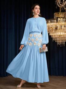 Modelyn Bộ 2 món cho nữ: Áo sơ mi tay loe một hàng khuy trơn màu và chân váy chữ A trang trí miếng vá, thanh lịch - Màu xanh lam - Xem 6