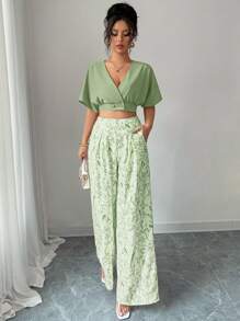 Breezaya Set de 2 piezas de verano para mujer, que incluye blusa de cuello en V de manga corta con botones y pantalones de pierna ancha de cintura alta - Verde - Ver 4