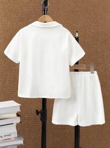 2 Pieces Set For Tween Boys - Older Boys' Fashion Classic Solid Color Textured Fabric Shirt Set With Slanted Pockets And Belt Pants, Casual Daily Wear, Commute, Simple Button-Down Shirt And Loose Shorts, 2 Pieces Set - White - View 2