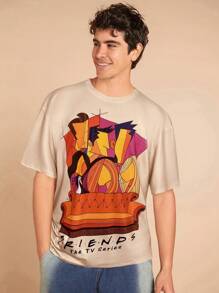 EDUVISMO ART FRIENDS X SHEIN Men Casual Cartoon Print Short Sleeve Crew Neck T-Shirts - Khaki - View 4