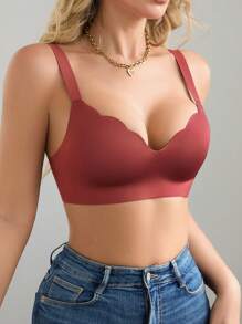 NudeFit 1pc Seamless Minimalist Wavy Edge Solid Color No Underwire Push Up Full Coverage Women Bra - Rose Red - View 7