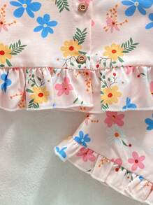 Baby Girls Pink Casual Floral Print Short Sleeve Cardigan And Tee Shirt Home Outfit Set, Summer,Children's Girls' Pajamas - Baby Pink - View 6