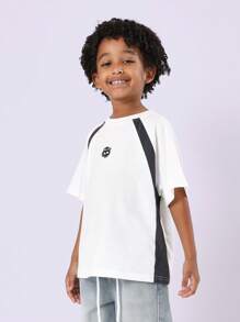 SUMWON 块状运动风格青年T恤现代时尚休闲夏季街头服饰棉质T恤圆领儿童外套日常穿着 - 白色 - 查看 1