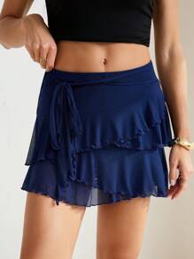 SHEIN Tall 女式多层荷叶边低腰 Y2K 迷你黑色半身裙 - 藏蓝色 - 查看 3