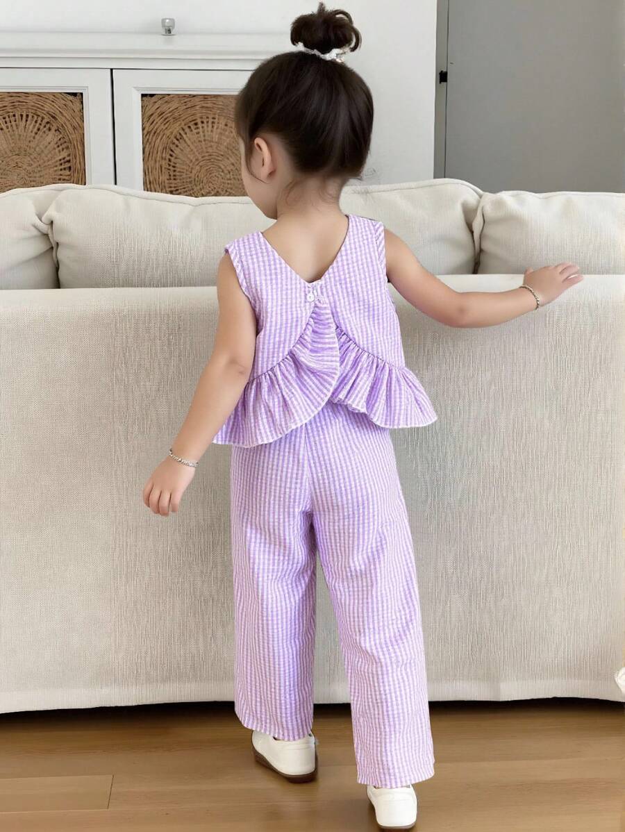 SHEIN Elladie kids 2件組少女夏季休閒條紋吊帶上衣與長褲套裝，少女服裝套裝，兒童夏季女童服飾 - 紫色 - 查看 1