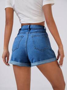 SHEIN EZwear 女式卷边口袋休闲百搭牛仔短裤 - 中等水洗藍 - 查看 2