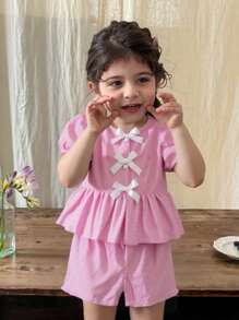 SHEIN 2pcs/Pack Baby Girl Casual Outfits With Short Sleeves Striped Shirt + Shorts Set, Spring & Summer - Pink - View 1