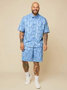 EASEVO 大码男士蓝色梭织短袖衬衫和短裤套装，适合夏季 - 藍色 - 查看 1