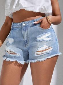 SHEIN PETITE CURVE Pantalones cortos vaqueros azules con efecto desgastado y talla grande para mujer, conjunto de vestimenta de verano, para el 4 de Julio, Día de la Independencia, shorts de talle alto, jeans de talle alto, shorts vaqueros de vaquera, con cintura elástica