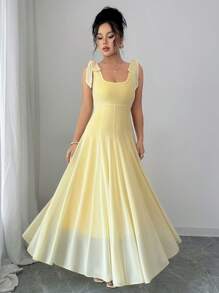 Rafferiza 优雅无袖 U 领蝴蝶结装饰针织拼布聚酰胺网眼黄色女式春夏连衣裙 - 黃色 - 查看 6