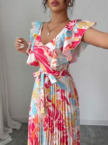 Elenzga 多色荷叶边袖V领度假A字收腰优雅浪漫女式连衣裙 - 彩色 - 查看 6