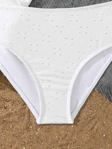 Tween Girl Beach White Eyelet Embroidery Halter Top & Bottom & Skirt White Bikini Set, Fashion Casual Elegant Swimsuit Suitable For Swimming, Vacation, Summer Three Piece Bathing Suit - White - View 4