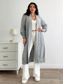PLUS SIZE WOMEN GREY COLOR RIB-KNIT LONG SLEEVE TEXTURED CASUAL CARDIGAN