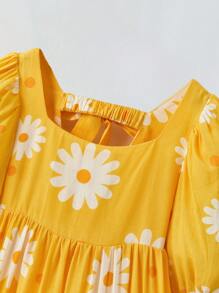 Maija Kids Maija Kids 年轻女孩宽松休闲花卉图案泡泡袖连衣裙 - 黃色 - 查看 3