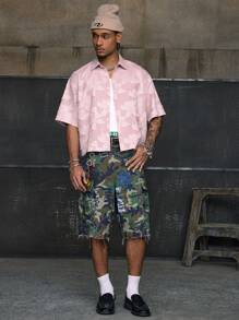 AXEPEAK Multi-Size Streetwear Turndown Collar Short Sleeve Loose Fit Men Shirts - Baby Pink - View 3