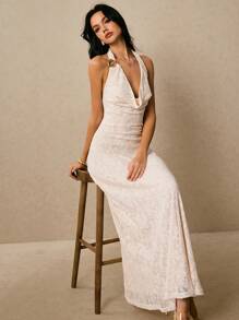 Poéselle Weißes Spitzenkleid, Maxikleid, schwingender Ausschnitt, Metallknopfverzierung, Teeparty-Kleid, Abschlusskleid, weißes Abschlusskleid, Strandurlaubs-Outfits, einfarbiges, extra langes rückenfreies Jacquard-Kleid für Damen, geeignet zum Ausgehen, für den Alltag, den Urlaub, Verabredungen, zum Pendeln und für andere Anlässe, Poeselle