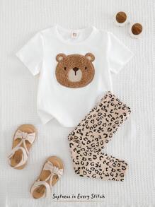 Cozy Pixies 2件套女婴熊图案针织柔软圆领短袖毛衣和松紧腰裤套装 - 咖啡棕 - 查看 1