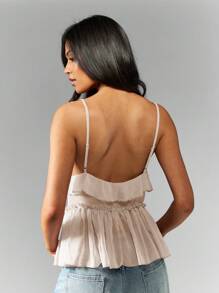 MISSGUIDED Ruffled Smocked Chiffon Cami Top Summer Blouse Party Peplum Tank Spring Festival Boho Casual Sleeveless Shirt - Apricot - View 2
