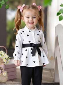 SHEIN Baby Girl Cute Heart Patterned Stand Collar Long Sleeve Blouse With Ruffle Hem Belted Solid Color Long Pants Set, Autumn - Black and White - View 1