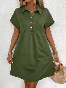 SHEIN LUNE Women's Casual Bat Sleeve Half Placket Lapel Summer Dress - Olive Green - View 4