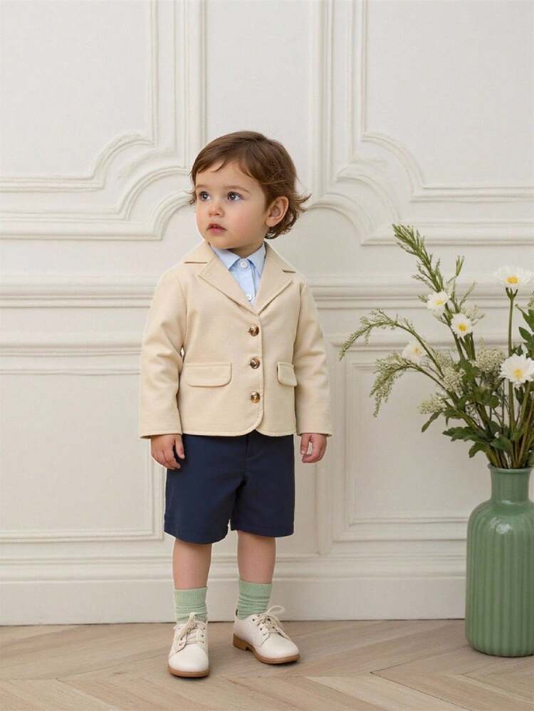 Baby Boy 3-Piece Elegant Vintage Schoolboy Suit Set With Suit Blazer , Turn Down Collar Long Sleeve Shirt And Shorts ,Spring And Summer Outings