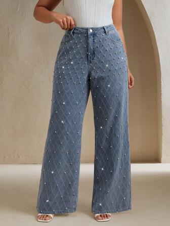 Anewsta Calça jeans feminina plus size, estilosa, com detalhes luxuosos e pernas retas, ideal para festivais, ocasiões casuais e elegantes