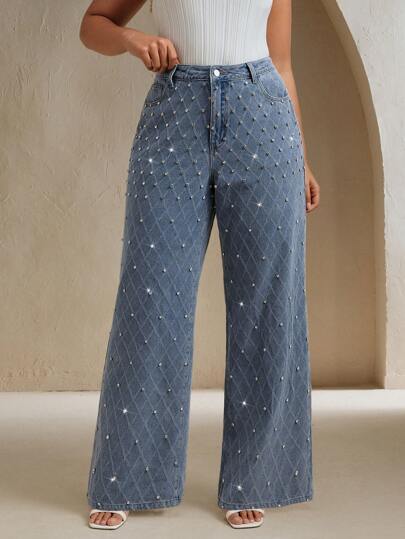 Anewsta Jeans de pierna recta con detalles lujosos y cuentas para mujer tallas grandes, apropiados para festivales, ocasiones casuales y elegantes