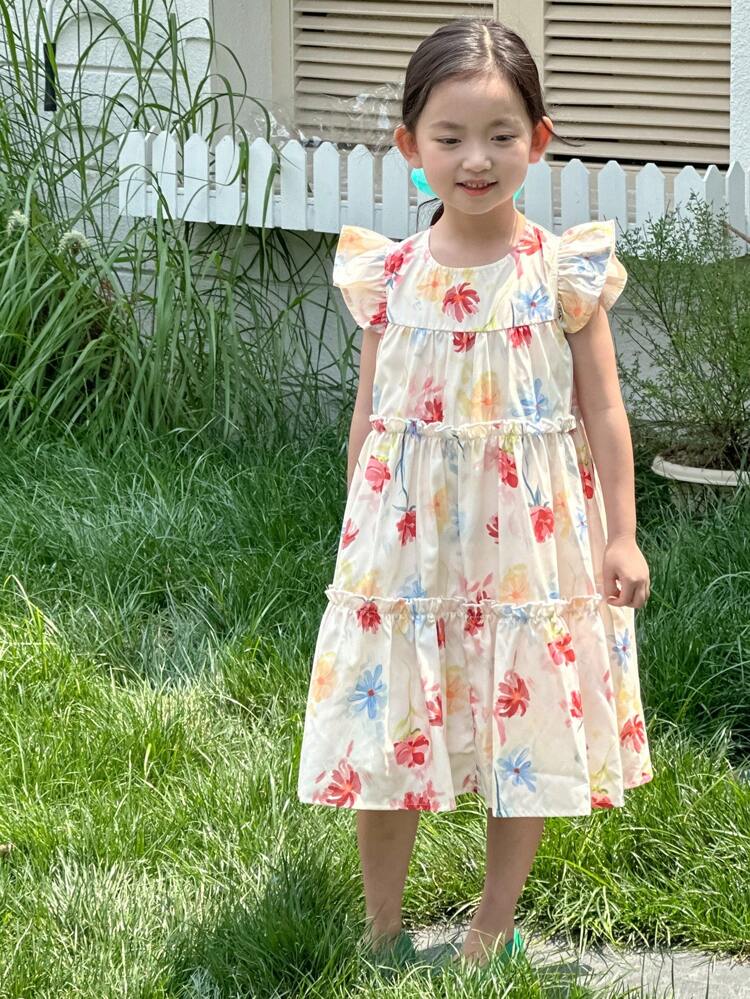 Young Girl Round Neck Cap Sleeve Floral Sweet Mid-Length Dress, Girls Summer Outfits Vacation