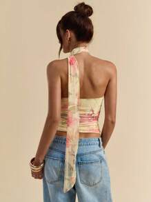 SHEIN BAE 纯黄色花卉印花系带修身女式度假背心，夏季海滩度假波西米亚风热带上衣 - 黃色 - 查看 2