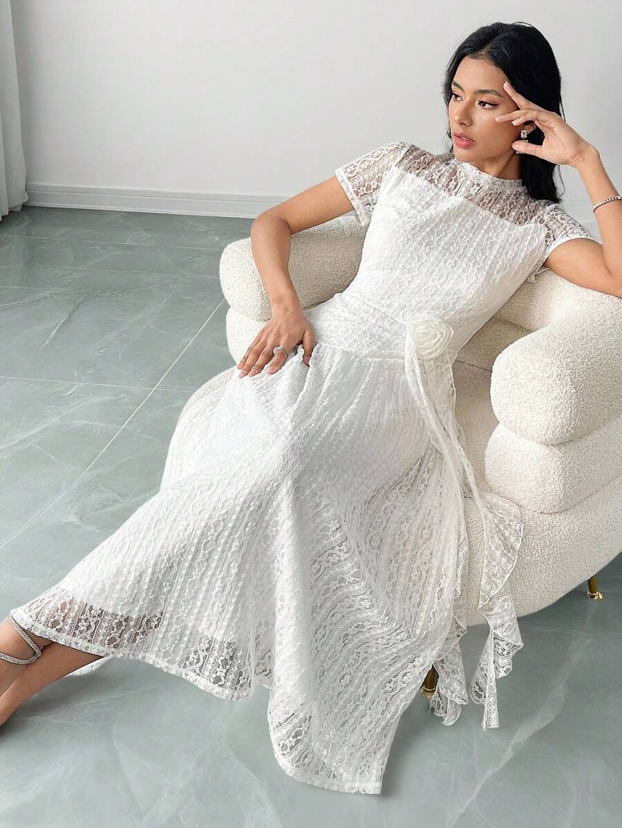 Modelyn Women's Floral Lace Decor Short Sleeve Elegant Mid-Length White Dress - White - View 1