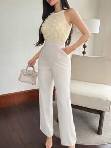 DAZY 优雅铆钉珍珠装饰圆领无袖女式连体裤，夏季，返校服装