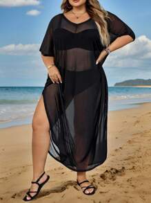 SHEIN CURVE+ Vestito estivo da donna con taglio a vista, manica corta, girocollo, in tessuto traslucido e colorazione tinta unita, con orlo fendente, adatto per l'estate, vacanze in campagna, spiaggia