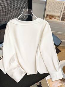 GlowEve Elegant Commuting Casual Fashionable Chic White Blouse For Women, Stand Collar Versatile Top With Unique Design