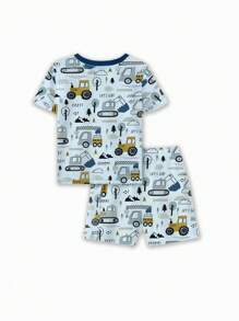GraphicGems 2 piezas Conjunto de camiseta de manga corta de cuello redondo y pantalones cortos con estampado de granja y autos de dibujos animados para niño pequeño, adecuado para el hogar o salir, verano