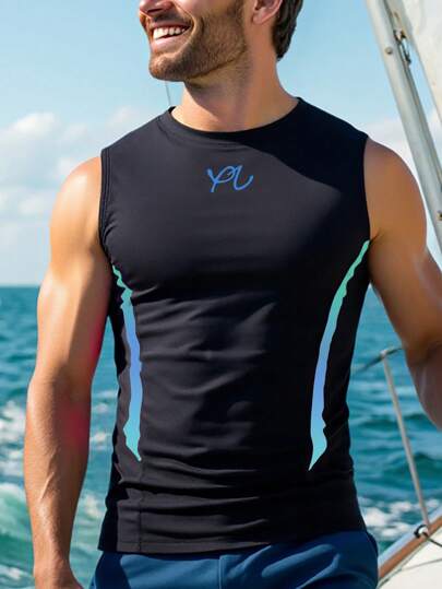 Manfinity Swimmode Rashguards de natação masculinos casuais de verão sem mangas com gola redonda