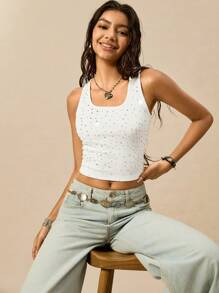 Easelle Top de punto blanco, simple y versátil, top de diamante blanco simple de verano - Blanco - Ver 4