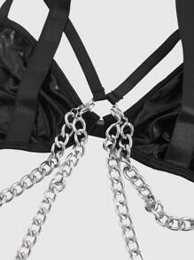 ROMWE Goth 哥特朋克风格仿皮金属链背带胸罩和丁字裤内衣套装 - 黑色 - 查看 3