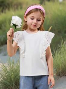 SHEIN Young Girl Casual Minimalist Comfortable Round Neck Ruffled Sleeve T-Shirt - White - View 9