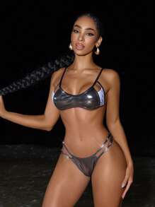 Swim SXY 2pc Solid Color Metallic Series: Plunging V-Neck Hollow-Out Top With Criss-Cross Back Tie Up, High Slit Low Waist Hollow-Out Shorts With Side Drawstrings, Sexy And Bold Beach Party Bikini Set For Women