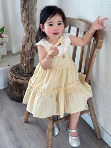 Dazy Kids Baby Girl Summer Elegant Color Block Patchwork Dress - Yellow - View 4