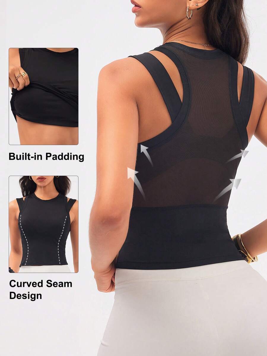 Easithlete Femei minimalist culoare solidă umăr decupat plasă Splice transparent sport maiou - Negru - Vizualizare 1