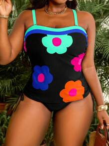 Slaydiva Plus Size Women 2pcs Floral Print Bandeau Swimwear Top With Drawstring High Waist Bottom Swimwear Set, Summer Beach Resort - Multicolor - View 6